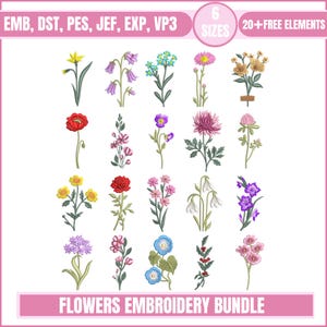 Può includere: Una collezione di ricami floreali in vari colori, tra cui giallo, rosso, viola e rosa. L'immagine include il testo "FLOWERS EMBROIDERY BUNDLE", "6 SIZES" e "20+ FREE ELEMENTS".