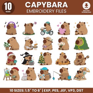 Puede incluir: Una colección digital de diseños de bordado de capibara en 10 tamaños de 3,8 a 15,2 cm. El conjunto incluye varias ilustraciones de capibaras con accesorios como auriculares, bicicletas, sombreros, instrumentos musicales y artículos.