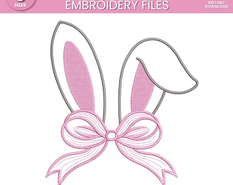 Coquette Bow and Easter Bunny Ears Embroidery Design, Happy Easter Digital File, 8 sizes