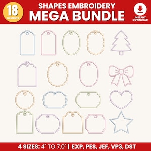Connector & Satin Stitch Tag Shapes Embroidery Design Bundle | Clean Outline Appliqué Style | Machine Embroidery File, Embroidery Gift Tag