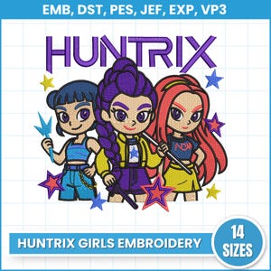 Huntrix Girls and Derpy Embroidery Design, Kpop Demon Hunters, Embroidery File, Rumi Zoey Mira, 14 size
