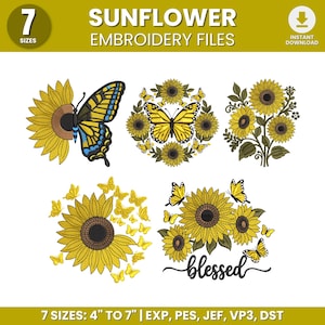 May include: A digital collection of sunflower embroidery files featuring five distinct designs with yellow sunflowers and butterflies. One design includes the word blessed in script. The set includes 7 sizes from 4 to 7 inches and file formats EXP, PES, JEF, VP3, and DST.