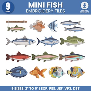 Puede incluir: Una colección de archivos de bordado digitales con 14 diseños de peces distintos en varios colores y especies. El texto dice MINI FISH EMBROIDERY FILES, 9 SIZES, INSTANT DOWNLOAD y 9 SIZES: 5 cm TO 15 cm | EXP, PES, JEF, VP3, DST.