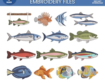 Mini Fish Embroidery Bundle, 14 Ocean Tropical Fish Machine Designs, Trout Clownfish Tuna Sardine , 9 Sizes, PES DST VP3, Instant Download