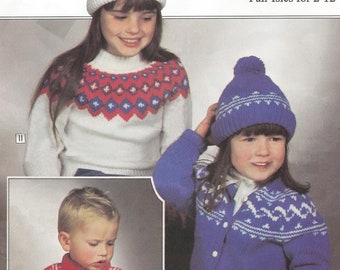 Sweater tutorial, Kids Pullover, Toque and Cardigan knitting pattern- Fair Isles Bulky Knits -  PDF Instant download