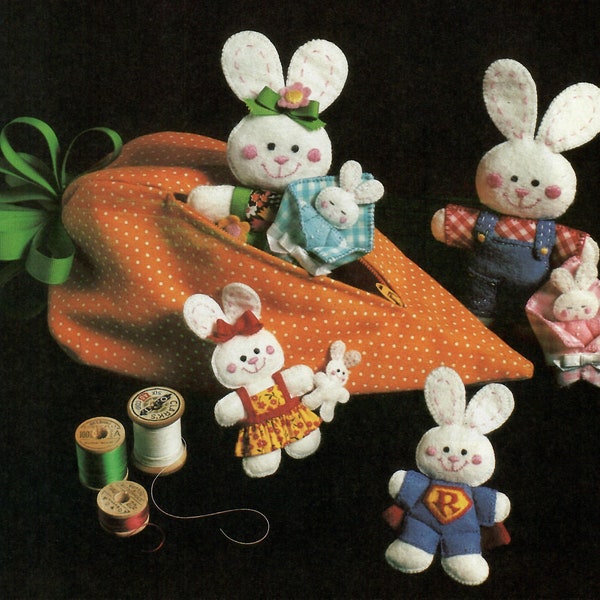 Bunny Family Sewing Pattern (Vintage 1970's) Farmer Bunny Family in a Carrot holding case-felt toy- soft toy-child's play-educational