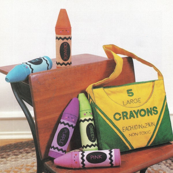 Crayon Friends-vintage sewing pattern-educational learning game-a fabric box of soft crayon friends-toddler toy-softies-fabric bag