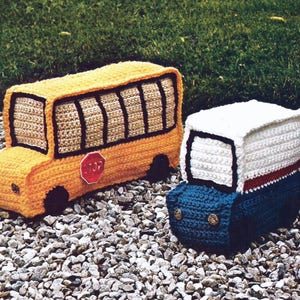 Bus and Mail Truck-crochet pattern-Vintage pattern-toy-pillow-a rare find-soft toy