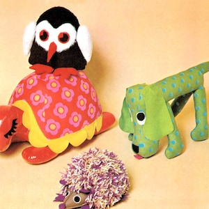 Soft Toys: 6 Animal Softies - PDF Download-Vintage patterns Hedgehog, frog, turtle, dog, owl, lion