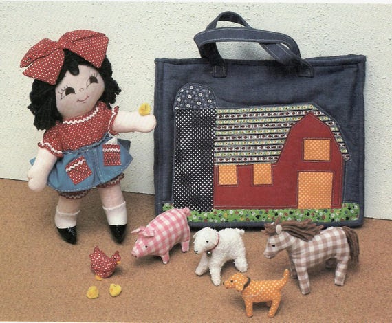 Kids Tote Bag With Barn Deco, Doll and Farm Animals-vintage Sewing