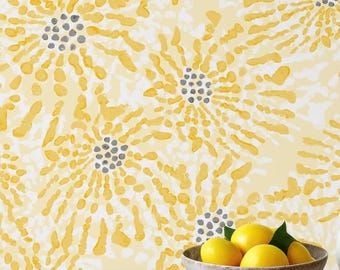 Removable Peel and Stick / Pre-Pasted Wallpaper - Soft Playful Painterly Abstract Allover Floral - Bright Yellow Grey Dots