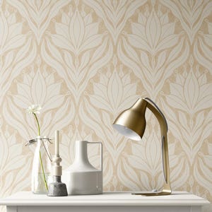 Removable Peel and Stick / Pre-Pasted Wallpaper - Textured Stylized Large Scale Flower Damask - Warm Neutral Cream Beige
