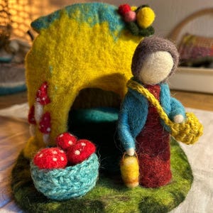 Felted Fairy Mushroom House with Doll & Basket: Waldorf Inspired Toy