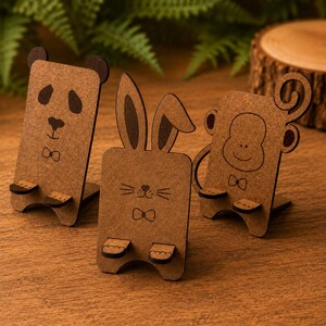 May include: Three brown wooden phone stands shaped like animals. The left stand features a panda face, the center stand depicts a rabbit with long ears, and the right stand shows a monkey with a curled tail. Each stand has two small front supports.