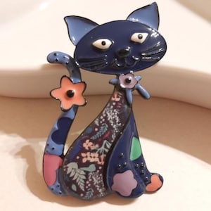 Vintage Colorful Enamel Artistic Floral Kitty Brooch