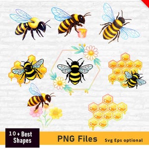 May include: A digital collection of bee and honeycomb illustrations featuring yellow and black striped bees, some carrying honey buckets or perched on flowers, alongside hexagonal honeycomb patterns and floral frames with the text 10 + Best Shapes PNG Files.