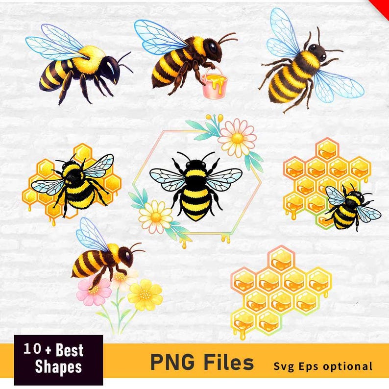 May include: A digital collection of bee and honeycomb illustrations featuring yellow and black striped bees, some carrying honey buckets or perched on flowers, alongside hexagonal honeycomb patterns and floral frames with the text 10 + Best Shapes PNG Files.