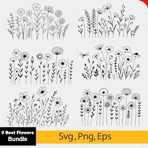 Könnte beinhalten: Schwarz-weiße Blumen-Linienkunst-Bundle mit neun verschiedenen Blumendesigns. Das Bild enthält den Text "9 Best Flowers Bundle" und "Svg, Png, Eps" auf einem gelben Banner.