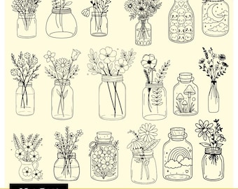 Einmachglas Blumen, Blumenglas Bundle, Wildblumen in Gläsern, Bauernhaus Dekor Schneidebrett, Frühlingsstrauß Schneidemaschine, Landhochzeit Schneidedatei, Cricut Blumen Schneidedatei.