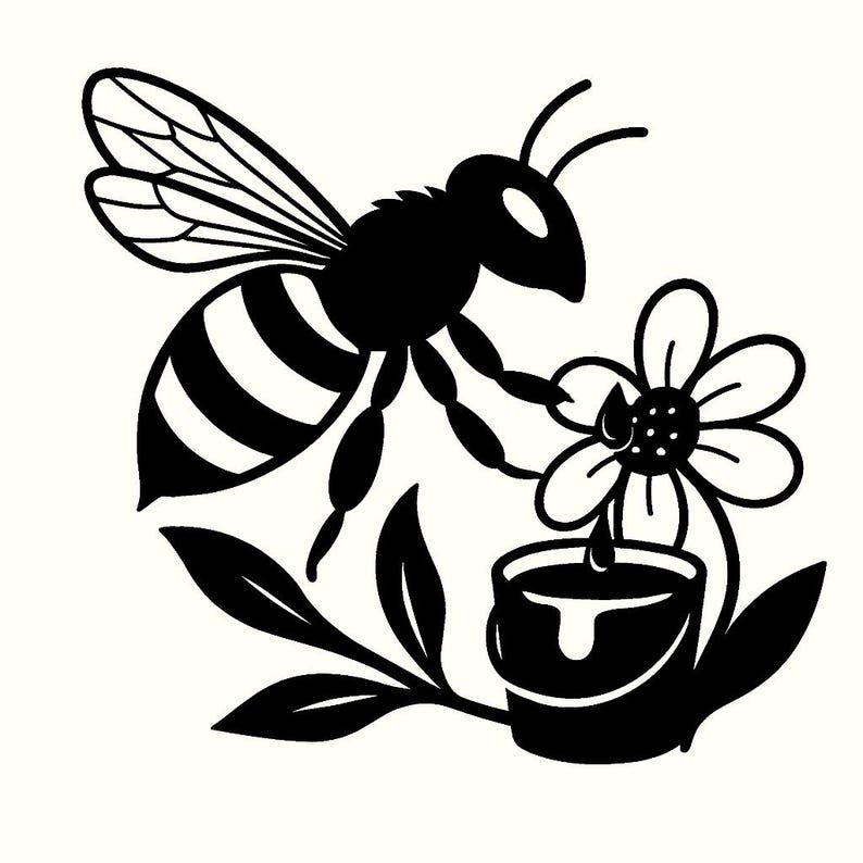 May include: Black and white illustration of a bee hovering near a flower, with a small bucket below. The bee has striped markings and detailed wings. The flower has a drop of liquid falling into the bucket.