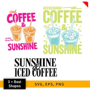 Op de afbeelding: Grafisch ontwerp met drie illustraties van ijskoffie. De eerste toont twee oranje bekers met rietjes, de woorden "iced coffee & sunshine" in roze. De tweede toont twee blauwe bekers met rietjes, de woorden "refreshing coffee & sunshine" in groen. De derde zegt "sunshine & iced coffee".