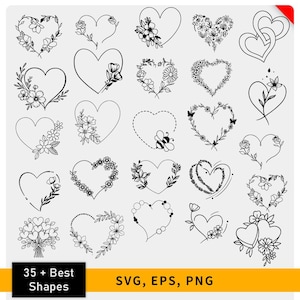 May include: A selection of 35+ black and white heart shapes, each with unique floral and decorative designs. Some hearts are outlined, while others are filled with flowers, leaves, or a bee. The image includes the text "35 + Best Shapes" and "SVG, EPS, PNG".