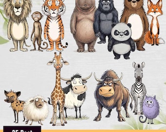 Wunderliche Safari Tiere PNG Bundle, lustige Giraffe, Löwe, Elefant und Zebra Clipart, schockierende Ausdrücke Tier, digitaler Download