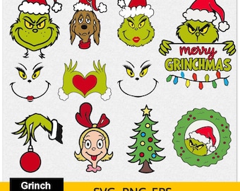 グリンチSVGファイル、グリンチの顔SVG、クリスマスSVG、Max SVGカットファイル、シンディ・ルー・フーSVG、クリスマスライトSVG、サンタSVG、