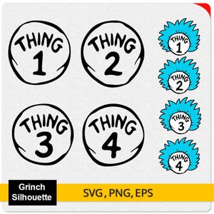 May include: Digital artwork in black and white, showcasing four circular designs with the word "THING" and numbers 1 to 4. There are also four blue-haired character designs with the word "THING" and numbers 1 to 4. The words "Grinch Silhouette" and "SVG, PNG, EPS" are also present.