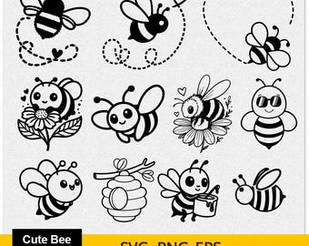 蜂のSVG、蜂のアウトラインSVGバンドル、かわいい蜂のパスの点線バンドル、かわいいハチのカッティングファイル、ハート付き蜂のデジタルダウンロード