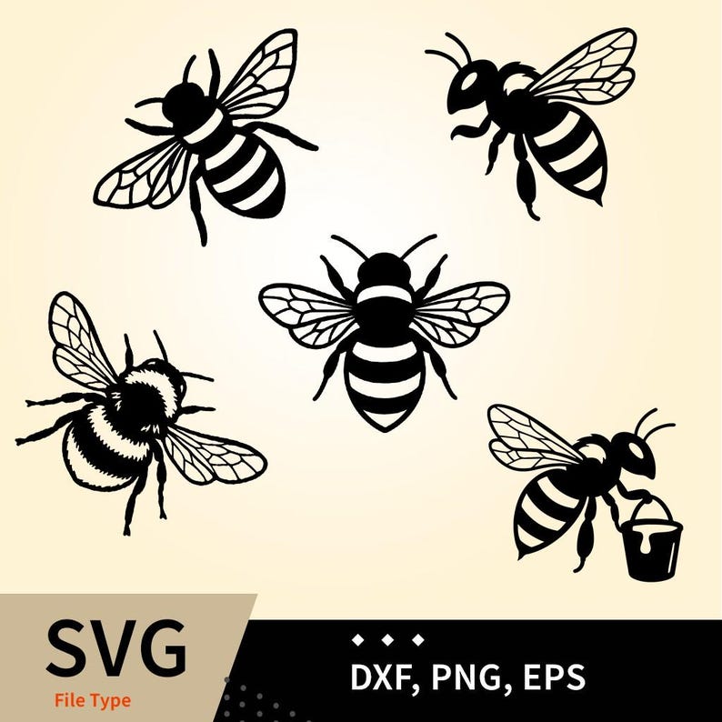 May include: A collection of five black bee illustrations on a light background. The designs include bees in various flight positions, one centered bee, and one bee holding a small bucket. The text SVG, DXF, PNG, EPS is visible at the bottom.