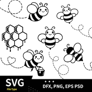 Bee SVG Bundle, Bee Outline SVG, Bee Clipart, Bee Path Dotted Lines Bundle, Cute Honey Bee Cutting File, Bee With Heart Digital Download