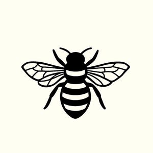 May include: A black and white illustration of a bee with outstretched wings. The bee has a striped abdomen and detailed wing patterns. The image is a simple, graphic design, perfect for various applications.
