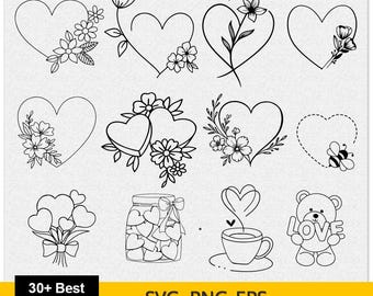 手描きハート落書き SVG バンドル、バレンタインデー クリップアート (即時ダウンロード)