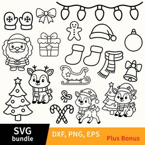 Könnte beinhalten: Schwarz-weißes Weihnachts-SVG-Bundle mit verschiedenen festlichen Elementen. Enthält Weihnachtsmann, Rentiere, Weihnachtsbäume, Ornamente, Fäustlinge, Schleifen und Zuckerstangen. Der Text "SVG bundle" befindet sich unten links, darunter "DXF, PNG, EPS" und "Plus Bonus".