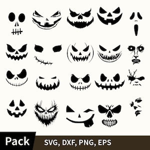 May include: A collection of black Halloween-themed face designs. The designs include various spooky faces, such as skulls, jack-o'-lanterns, and other scary expressions. The word "Pack" is at the bottom left, with "SVG, DXF, PNG, EPS" below it.