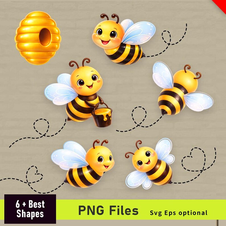 May include: A digital illustration set featuring five cartoon bees with yellow and black stripes, light blue wings, and smiling faces, alongside a yellow beehive and dashed flight paths. The text 6 + Best Shapes PNG Files Svg Eps optional is included.
