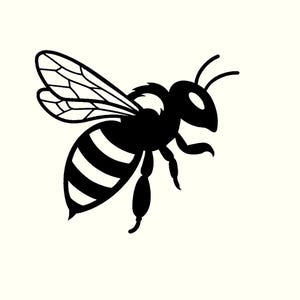 May include: A black and white illustration of a bee in flight. The bee has striped abdomen, detailed wings, and antennae. The image is a simple, graphic design, suitable for various applications.