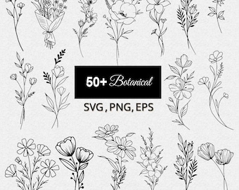 May include: A collection of over 50 botanical illustrations in black and white. The image features various floral designs, including bouquets, individual flowers, and sprigs. Text on a black rectangle reads "50+ Botanical" and "SVG, PNG, EPS".