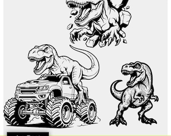 T-Rex brüllender Dinosaurier SVG PNG - Cartoon schwarze Linie Kunst (Instant Download)