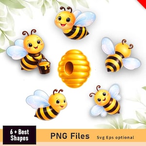Könnte beinhalten: Eine Sammlung von fünf Cartoon-Bienen und einem zentralen gelben Bienenstock. Die Bienen haben gelb-schwarz gestreifte Körper, hellblaue Flügel und lächelnde Gesichter. Eine Biene hält einen kleinen braunen Honigtopf. Text: 6 + Best Shapes PNG Files.