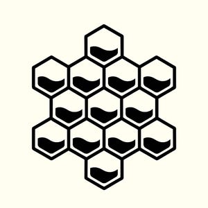 May include: Black and white graphic of a honeycomb structure. Each hexagonal cell contains a curved black shape, suggesting a liquid or substance. The design is simple and geometric, suitable for various applications.