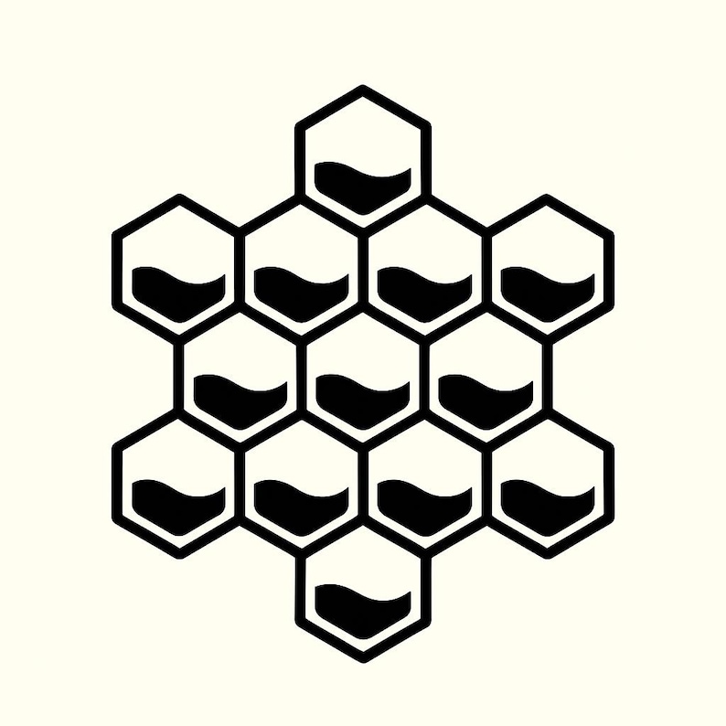 May include: Black and white graphic of a honeycomb structure. Each hexagonal cell contains a curved black shape, suggesting a liquid or substance. The design is simple and geometric, suitable for various applications.