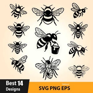 Op de afbeelding: Een verzameling van tien zwarte bijenillustraties in verschillende houdingen, waaronder een bij die een kleine emmer draagt. De grafische set bevat diverse vleugelpatronen en lichaamsvormen, gepresenteerd als een ontwerpbron Best 14 Designs SVG PNG EPS.