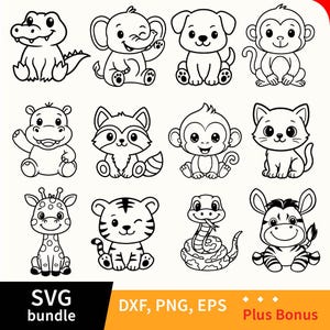 May include: Black and white SVG bundle featuring cartoon animals including an alligator, elephant, dog, monkey, hippo, raccoon, cat, giraffe, tiger, snake, and zebra. The image also includes the text "SVG bundle", "DXF, PNG, EPS", and "Plus Bonus".