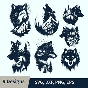 Wolf Mountain Svg bundle, Wolf Laser Engraving Design, Wolf PNG_SVG_PDF_EPS, Laser-Ready