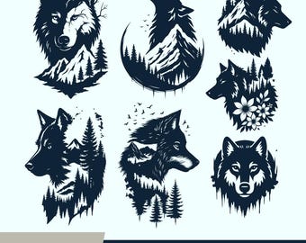 Wolf Mountain SVG バンドル、Wolf レーザー彫刻デザイン、Wolf PNG_SVG_PDF_EPS、レーザー対応