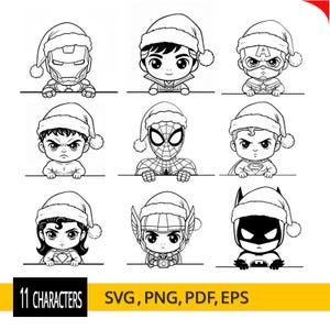 Puede incluir: Ilustración en blanco y negro de 11 personajes de superhéroes con gorros de Papá Noel. Los personajes incluyen a Iron Man, Capitán América, Spider-Man, Superman, Batman y otros. La imagen también incluye el texto "11 CHARACTERS SVG, PNG, PDF, EPS."