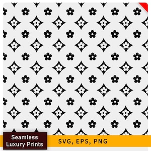 May include: A seamless pattern featuring a repeating design of black flowers and diamond shapes on a light gray background. The image includes the text "Seamless Luxury Prints" and "SVG, EPS, PNG".