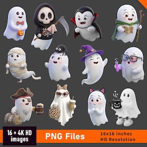 May include: A collection of 11 cartoon ghost characters featuring various costumes and accessories, including a grim reaper, vampire, mummy, pirate, and scientist. The ghosts are rendered in a 3D style against a dark gray background with text indicating 16 4K HD PNG files at 16x16 inches resolution.